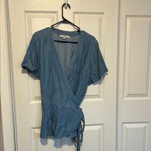 LOFT Blue Wrap Blouse with Short Sleeves